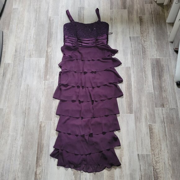 R&M Richards Formal Dress w/ Jacket Set, 14, Plum, Sequins Ruffle Wedding, EUC - Picture 2 of 13
